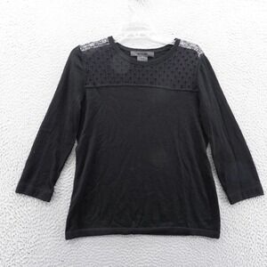 Miss Wu Lace Yoke Sweater‎ Size L Black Pure Cashmere Womens 3/4 Sleeve Top
